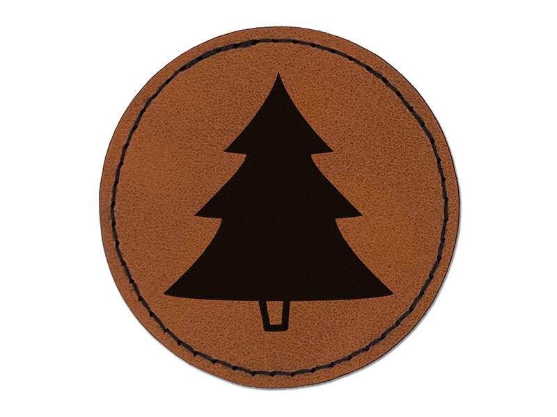 Pine Tree Cartoon Round Iron-On Engraved Faux Leather Patch Applique ...