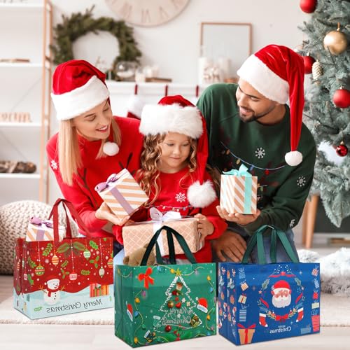 12 Pieces Large Reusable Christmas Tote Bags with Handles, Christmas Treat Bags, Multifunctional Non-Woven Christmas Bags for Gifts Wrapping, Shopping, Xmas, Party Favor Bags, 12.8&#x22; x 9.8&#x22; x 6.7&#x22;