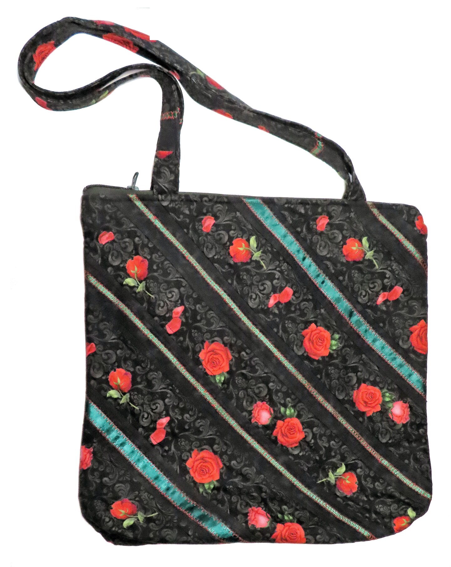 Artisan Red Roses Quilted Tote Bag with Six Inner Pockets