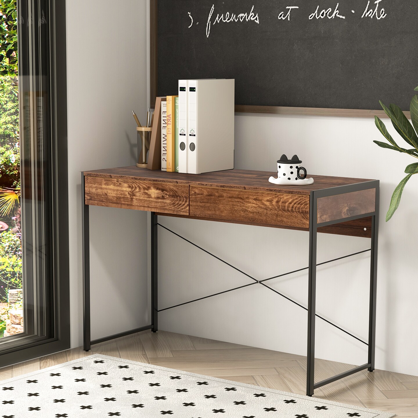 44 Inch Home Office Desk with 2 Separate Drawers and Steel Frame