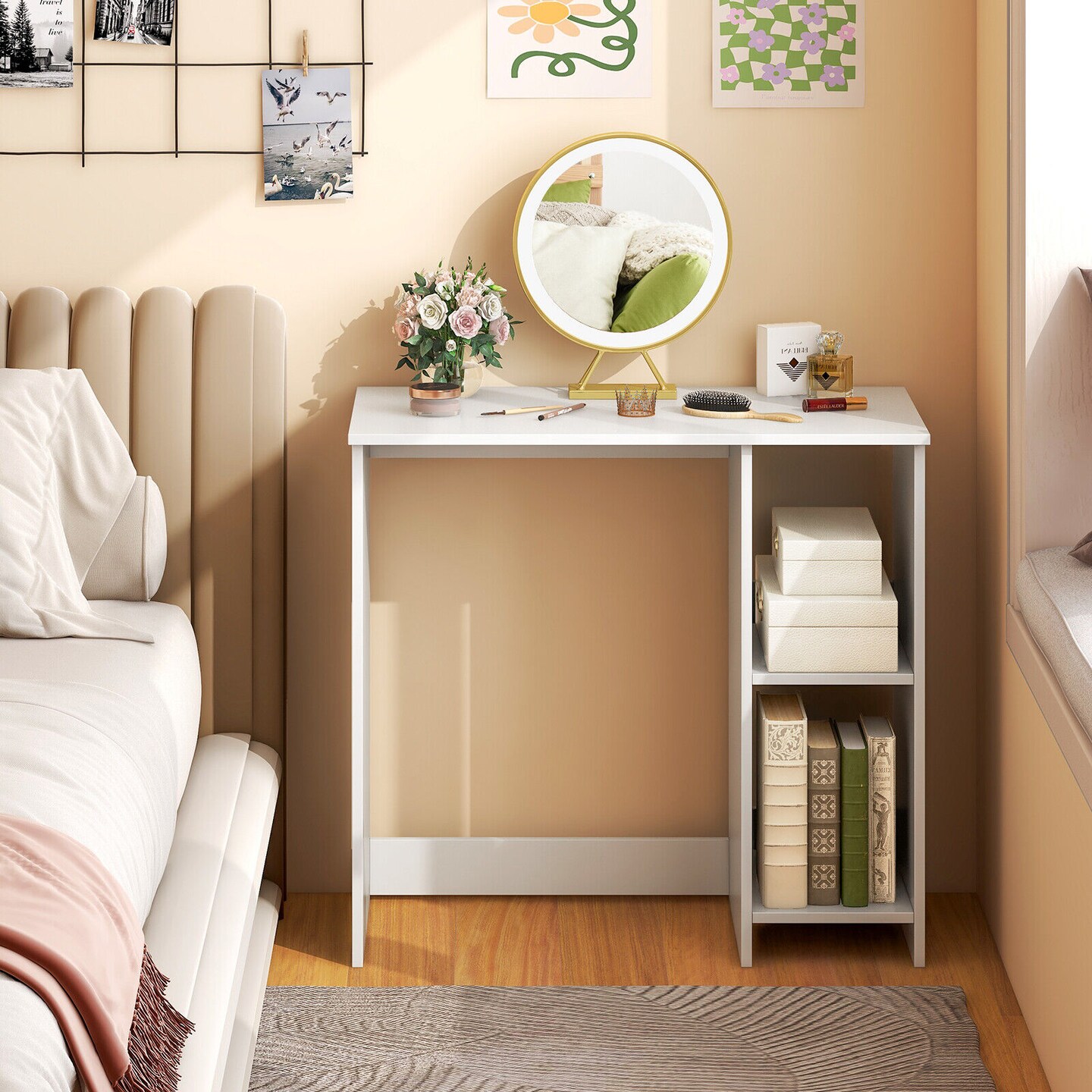 Minimalist 31.5" Writing Desk with Storage White Compact Workstation for Small Rooms