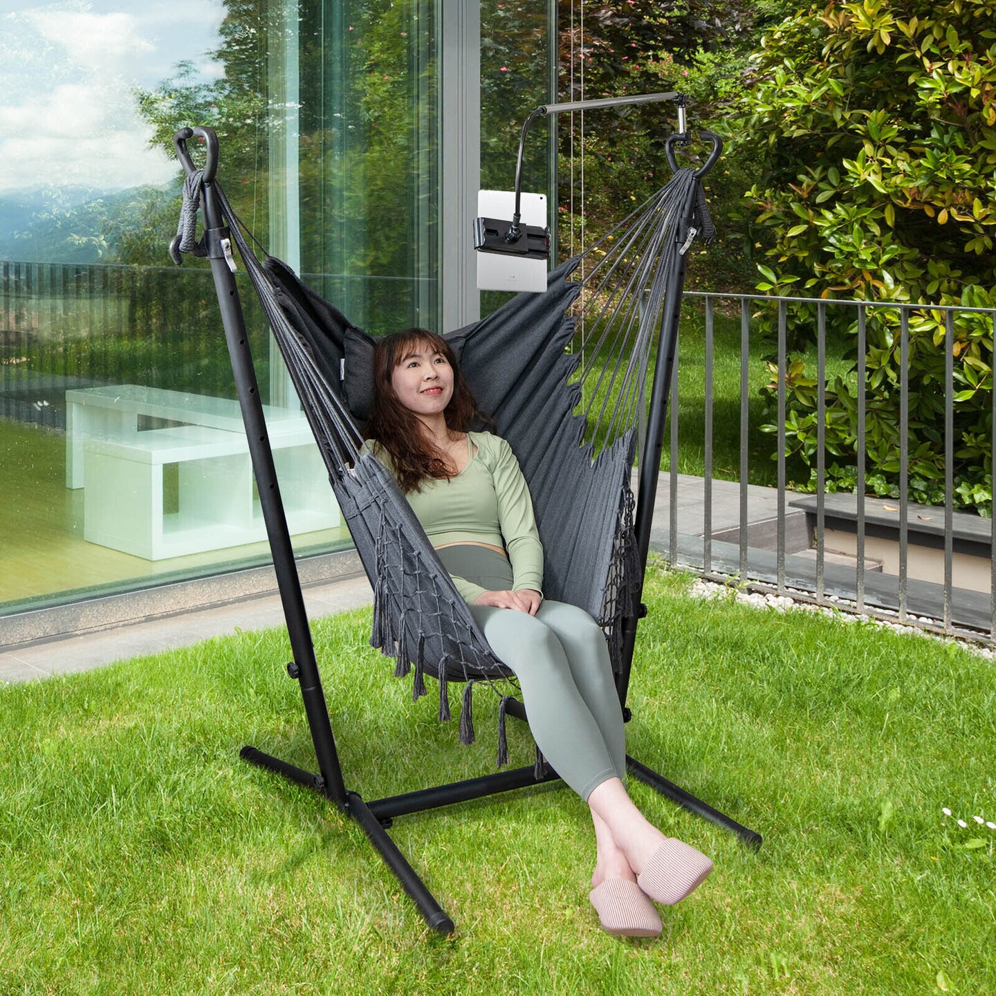 Height Adjustable Hammock Chair with Phone Holder and Side Pocket-grey