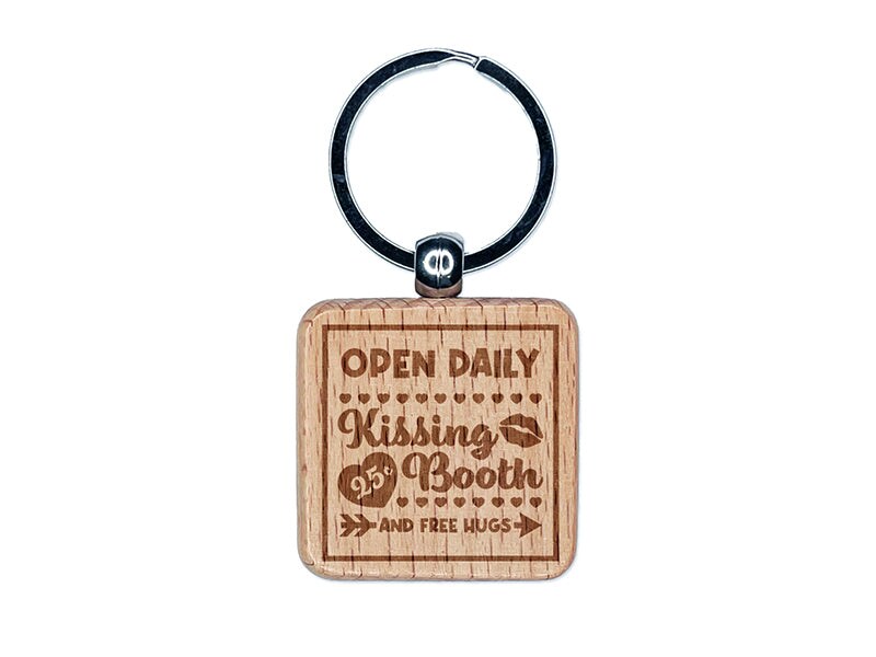 Valentine&#x27;s Day Kissing Booth and Free Hugs Engraved Wood Square Keychain Tag Charm