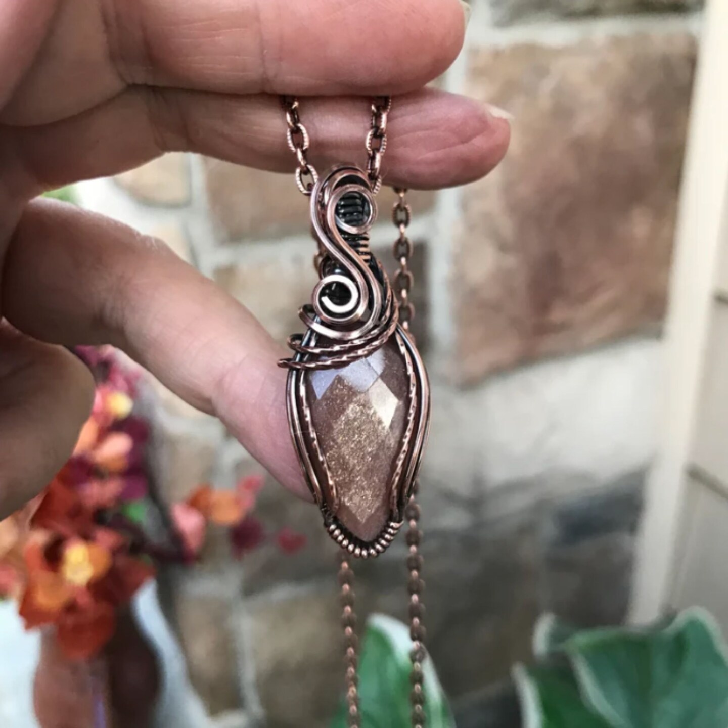 Peach Moonstone Faceted Copper Wire Wrapped Pendant Necklace