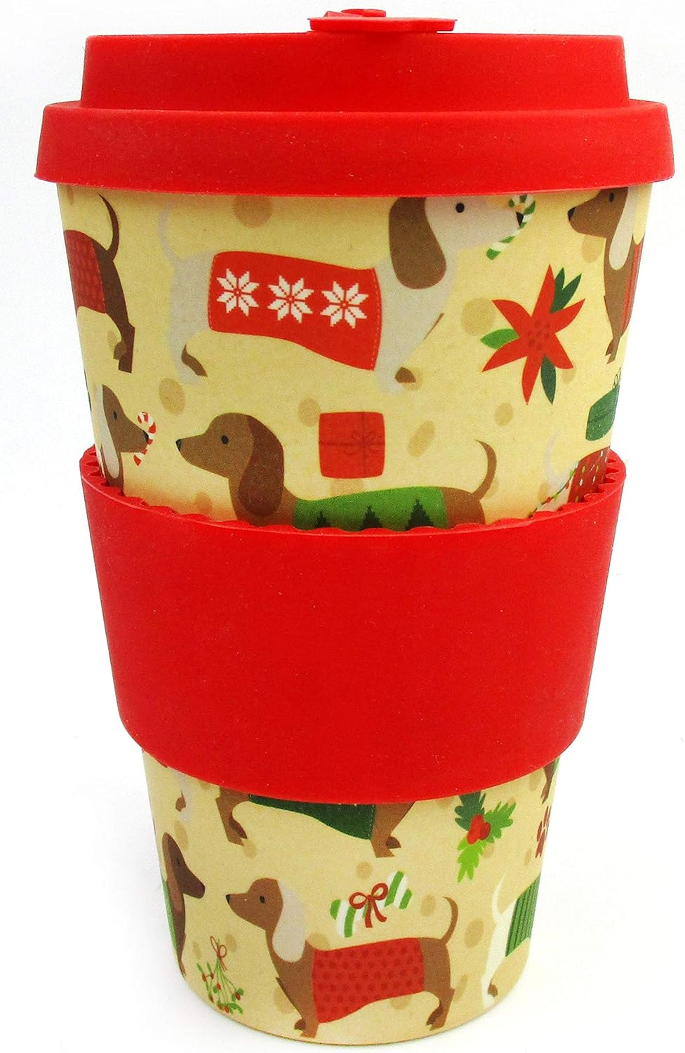 TINYMILLS Eco-Friendly Reusable Plant Fiber 14 oz Travel Mug with Christmas Wiener Dog Design