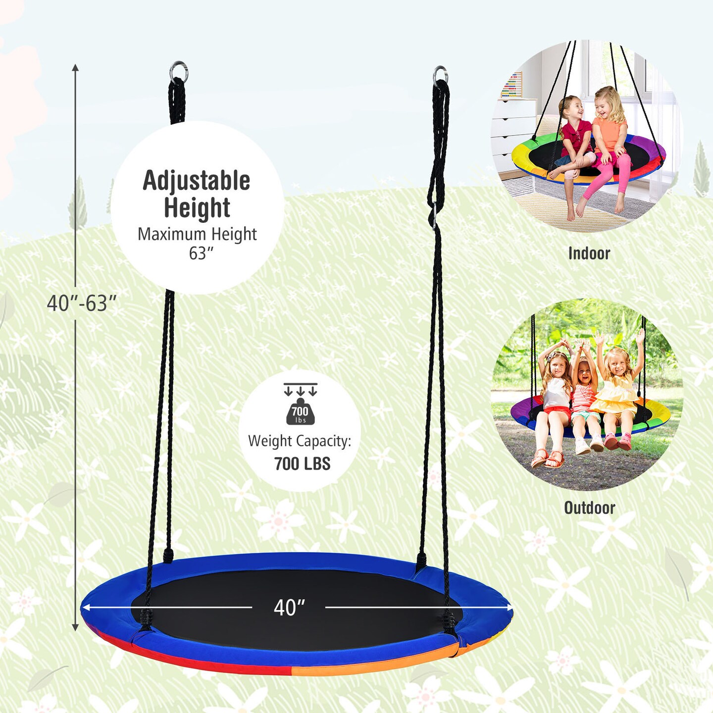 40 Inch Flying Saucer Tree Swing with 2 Hanging Straps for Kids