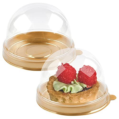 TOFLEN 100Pcs Clear Plastic Mini Cake Boxes with Dome Lids, Mini Bundt Cake Containers for Mini Cupcake, Muffin, Chocolate Covered Cookie, Strawberry, Mooncake and More (Gold Base)