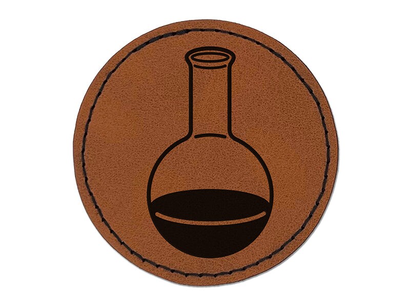 Glass Boiling Flask Chemistry Science Round Iron-On Engraved Faux Leather Patch Applique - 2.5&#x22;