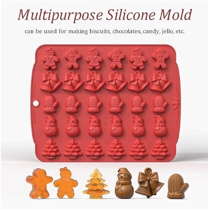 2 Pcs. Christmas Chocolate Molds Gingerbread Silicone Candy Molds Baking Molds Santa Christmas Elk Bell Design for Christmas Party (Red&#x26;Brown)