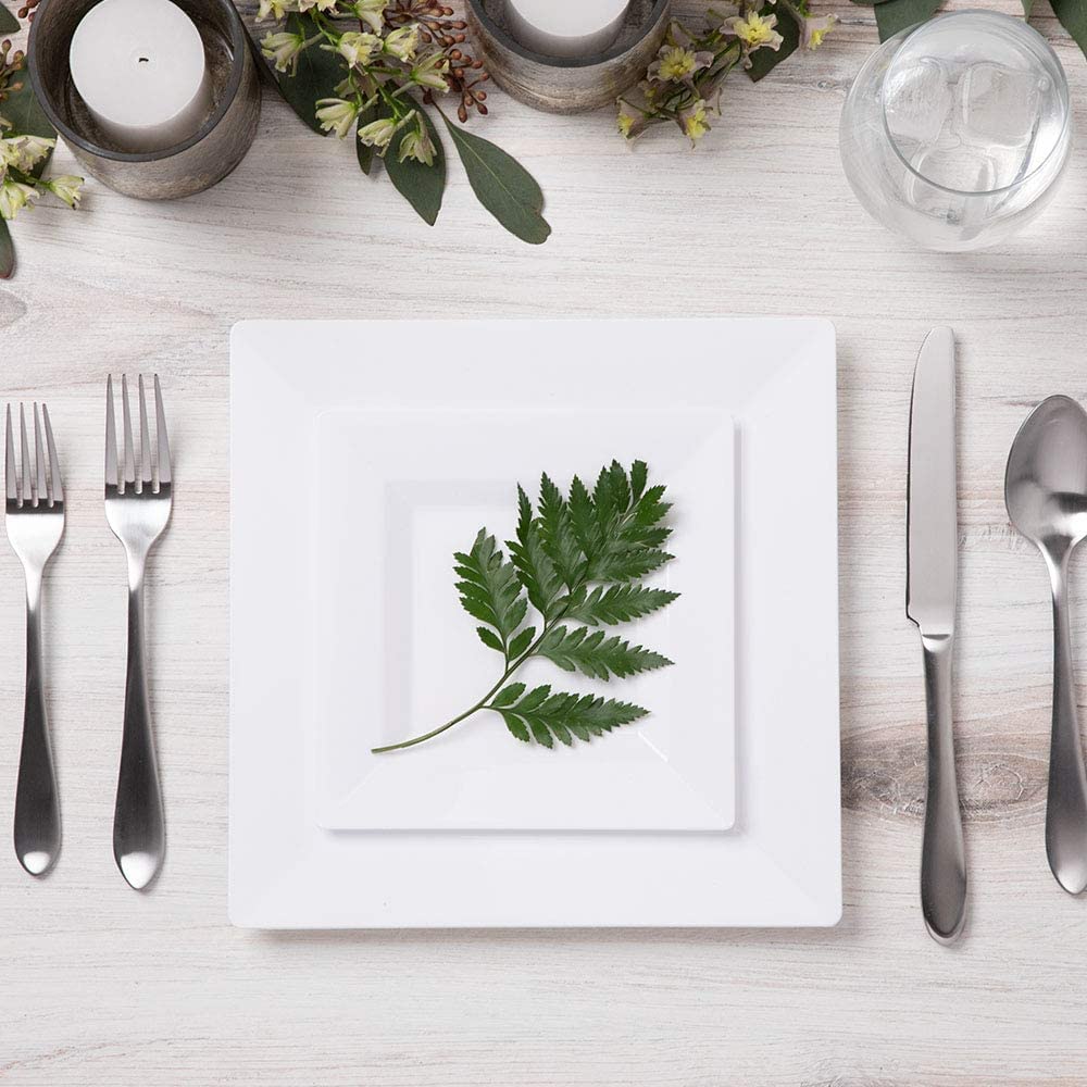 60 Pieces White Square Disposable Plates - Heavy Duty Plastic Party Plates for Christmas, Thanksgiving (30 Dinner & 30 Salad)