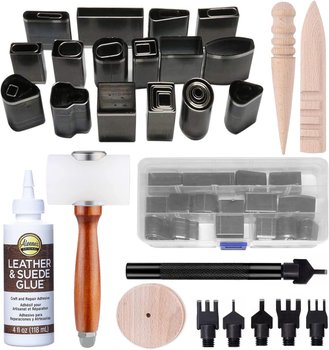 Leather Tools for Leather Working by Pixiss - Leather Hole Punch Tool with 39 bits, Mallet Hammer, Aleene&#x27;s Leather Glue Adhesive (4 fl oz), and 2x Leather Burnishing Tool - Leather Stamping Tools Kit