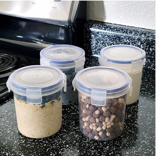 Overnight Oatmeal Container with Lids (4-Piece Set) - 16 oz Plastic Containers with Lids - Portable Cereal and Milk Container on the Go | Airtight Snap Lock Storage Jars
