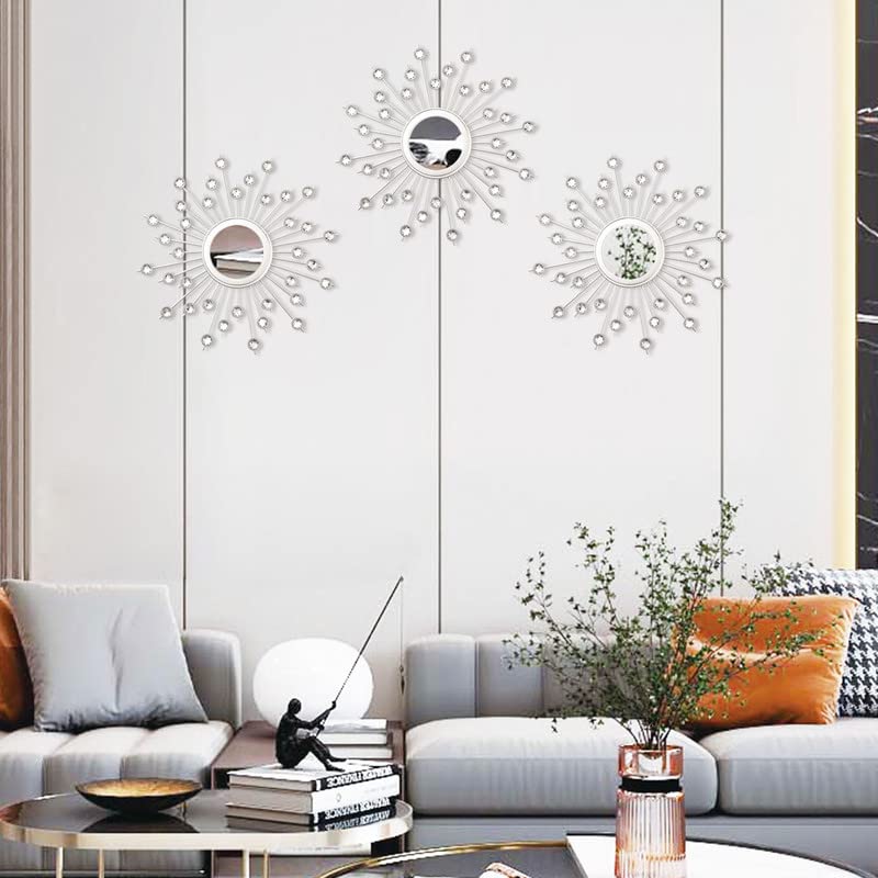 3 Pack Acrylic Burst Wall Mirror Metal Faux Diamonds Mirrors Bling Home Decorative Hanging Wall Art for Living Room Bedroom-Sliver