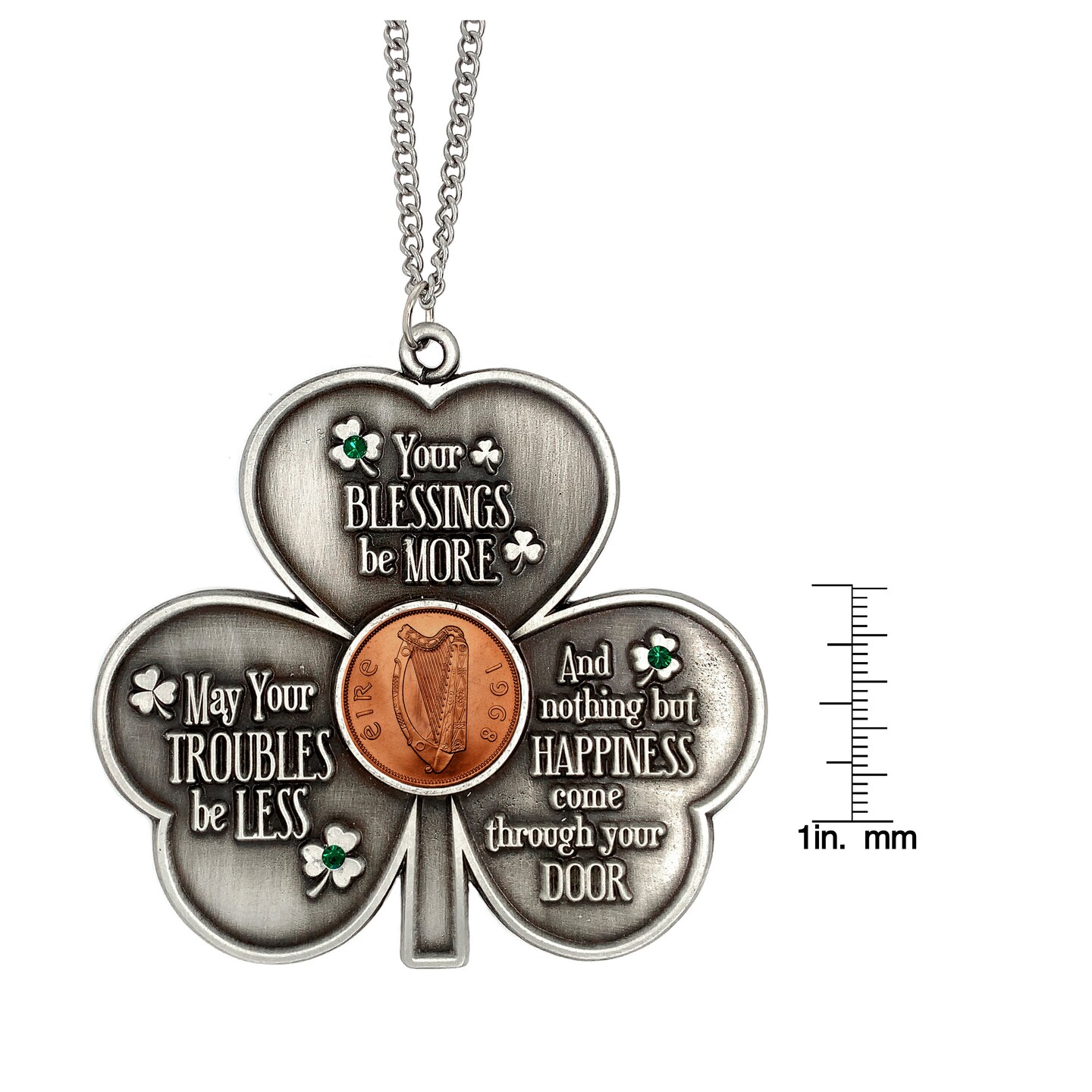 Shamrock Irish Penny House Blessing With Emerald Green Glass Stones