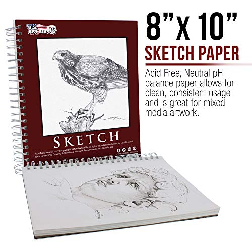 U.S. Art Supply 8&#x22; x 10&#x22; Sketch Book Pad, Pack of 2, 100 Sheets Each, 60lb (100gsm) - Spiral Bound Artist Sketching Drawing Paper Pad, Acid-Free - Graphite Colored Pencils, Charcoal - Adults, Students