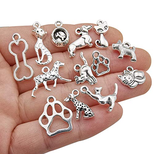 80 Pieces Craft Supplies Antique Silver Animals Cat Dog Pet Charms Pendants for Crafting, Jewelry Findings Making Accessory for DIY Necklace Bracelet (M293)