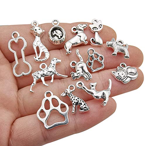 100g(80pcs) Craft Supplies Antique Silver Animals Cat Dog Pet Charms Pendants for Crafting, Jewelry Findings Making Accessory for DIY Necklace Bracelet (M293)