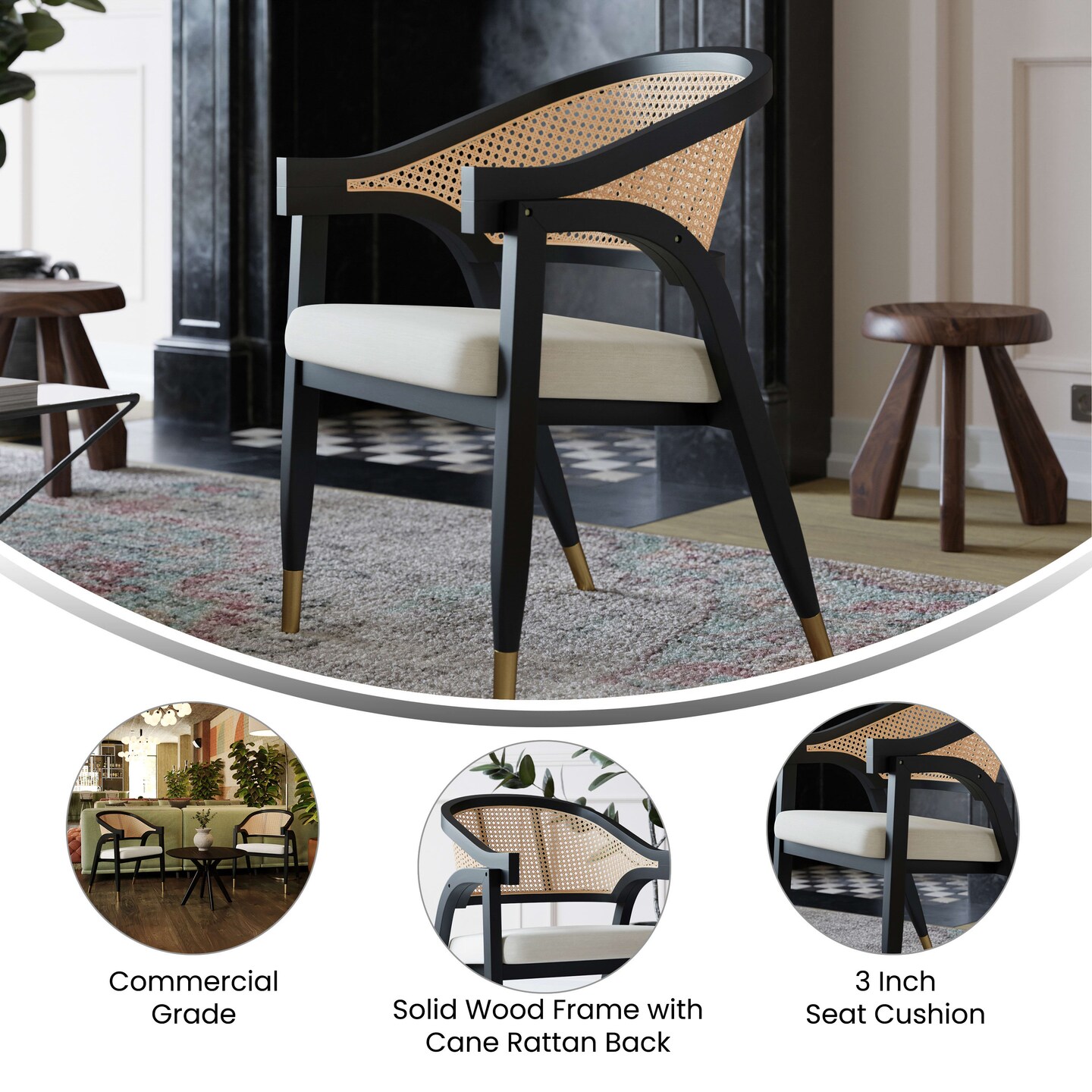 Merrick Lane Bronson Cane Rattan Padded Accent or Dining Chair with Metallic Accented Legs