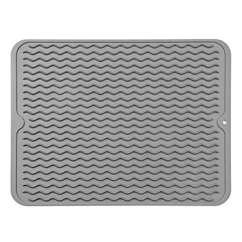 Silicone Dish Drying Mat for Multiple Usage,Easy clean,Eco-friendly,Heat-resistant Silicone Mat for Kitchen Counter or Sink,Refrigerator or Drawer liner Grey L 16 inches x 12 inches