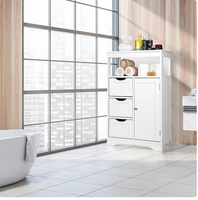 Bathroom Floor Cabinet, 3 Drawer Free Standing Storage Cabinet with Adjustable Shelf, Modern Cupboard for Home Living Room Office, White