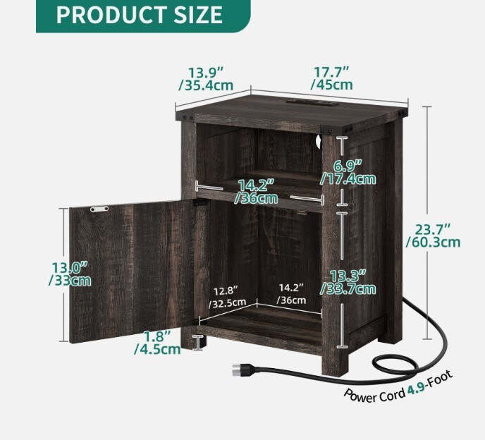 End Side Table Bedroom Farmhouse Nightstand with Charging Station and LED Lights