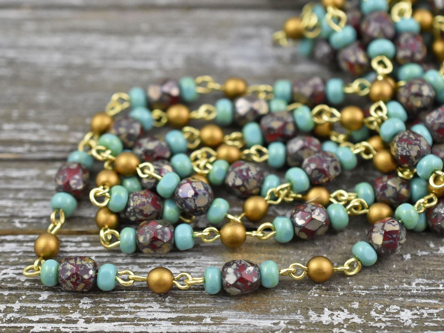 Czech Glass Southwest Blend Turquoise Tri Cut Beaded Chain with Gold Links -- Sold by the foot