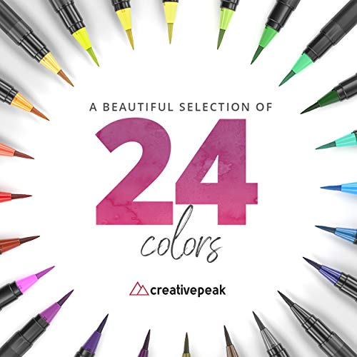 Watercolor Brush Pens - 24 Vibrant Coloring Pens &#x26; 2 Blending Brushes - Premium Quality Art Supplies Featuring Soft, Real Tip - Perfect for Calligraphy, Lettering, Adult Coloring