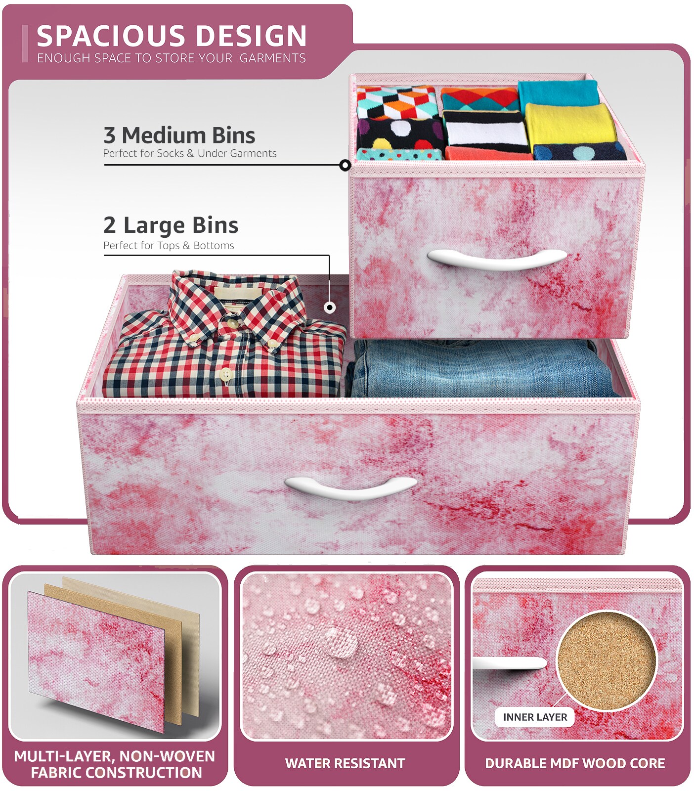 Sorbus Dresser with 5 Drawers - Storage Chest Organizer Unit with Steel Frame, Wood Top, Easy Pull Fabric Bins - Long Wide TV Stand for Bedroom Furniture, Hallway, Closet & Office Organization