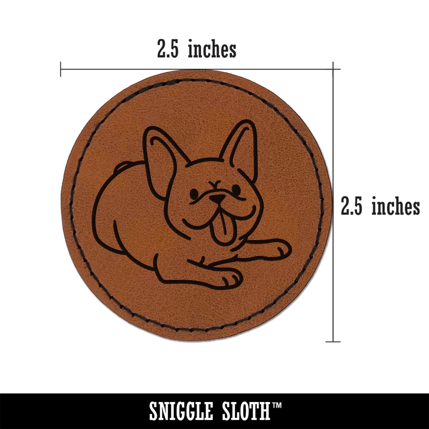 Frenchie Laying Down French Bulldog Dog Round Iron-On Engraved Faux Leather Patch Applique - 2.5&#x22;