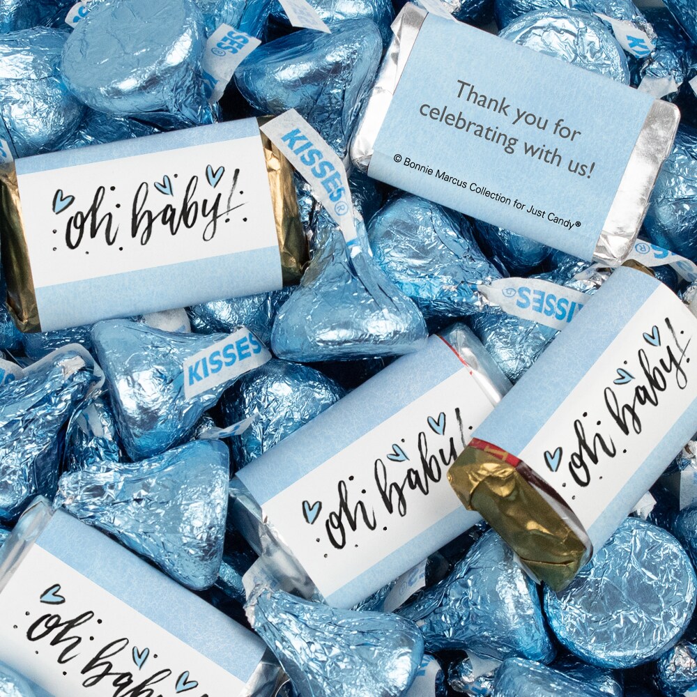 131 Pcs Blue Boy Baby Shower Candy Party Favors Oh Baby Hershey&#x27;s Miniatures &#x26; Blue Kisses (1.65 lbs, Approx. 131 Pcs)