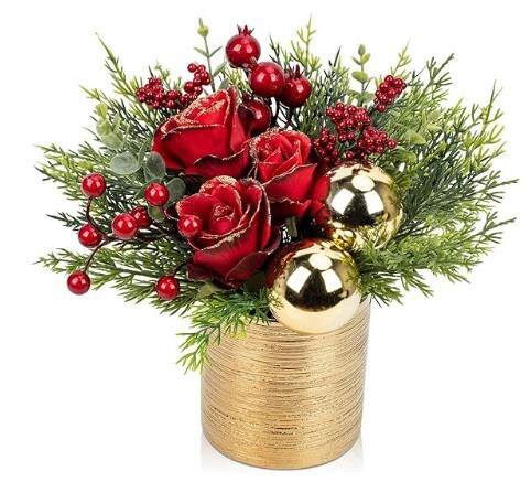 Artificial Potted Christmas Tree with Ball Ornaments, Mini Christmas Tree Tabletop Roses and Berries Small Floral Arrangements for Christmas in a Gold Pot Xmas Centerpieces for Tables Desk Mantle Decor-10.2''