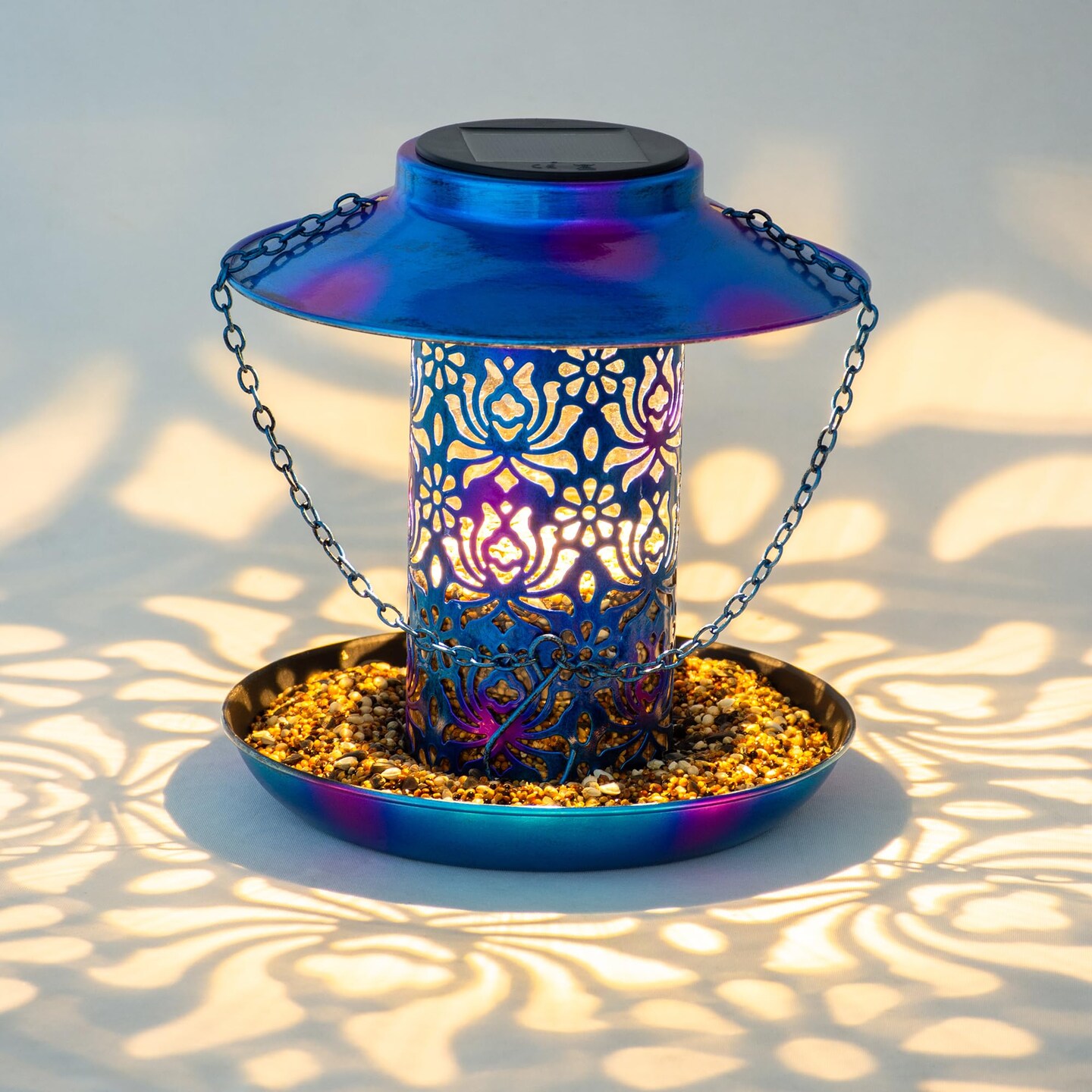 Solar Bird Feeder for Outdoors Hanging, Metal Wild Cardinals Garden Lantern with S Hook, Weatherproof and Water Resistant Birdfeeders as Gift Idea for Bird Lovers (Blue)