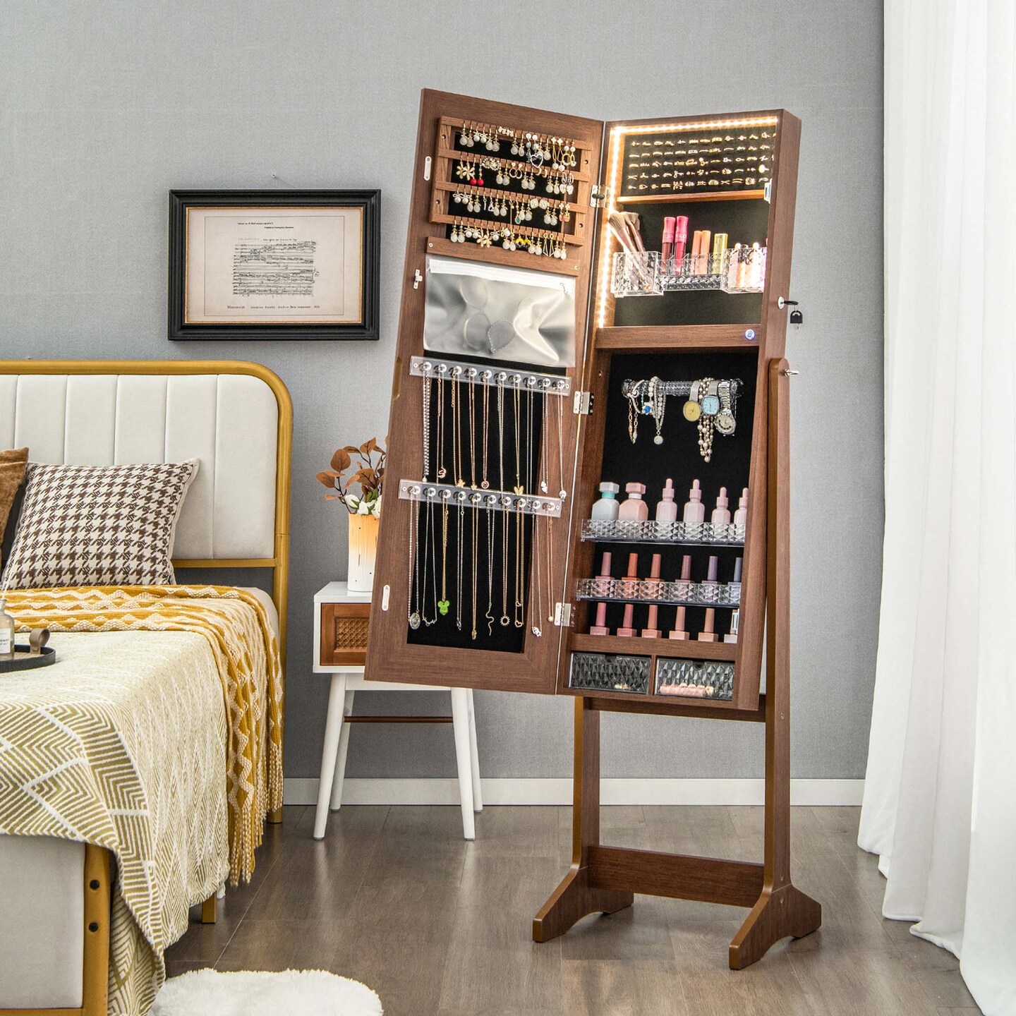 Costway LED Mirror Jewelry Cabinet Organizer Armoire Standing with Built-in 3 Color Light