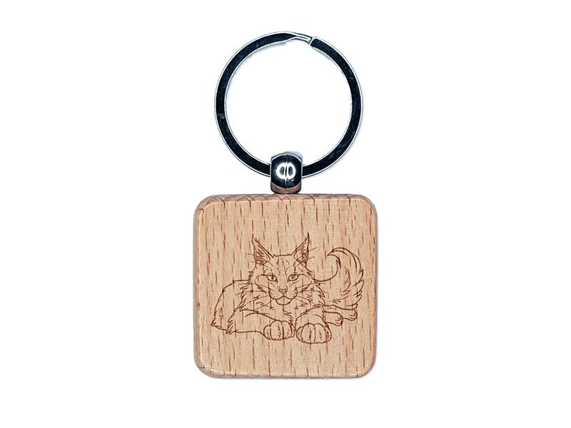 Gentle Maine Coon Cat Engraved Wood Square Keychain Tag Charm