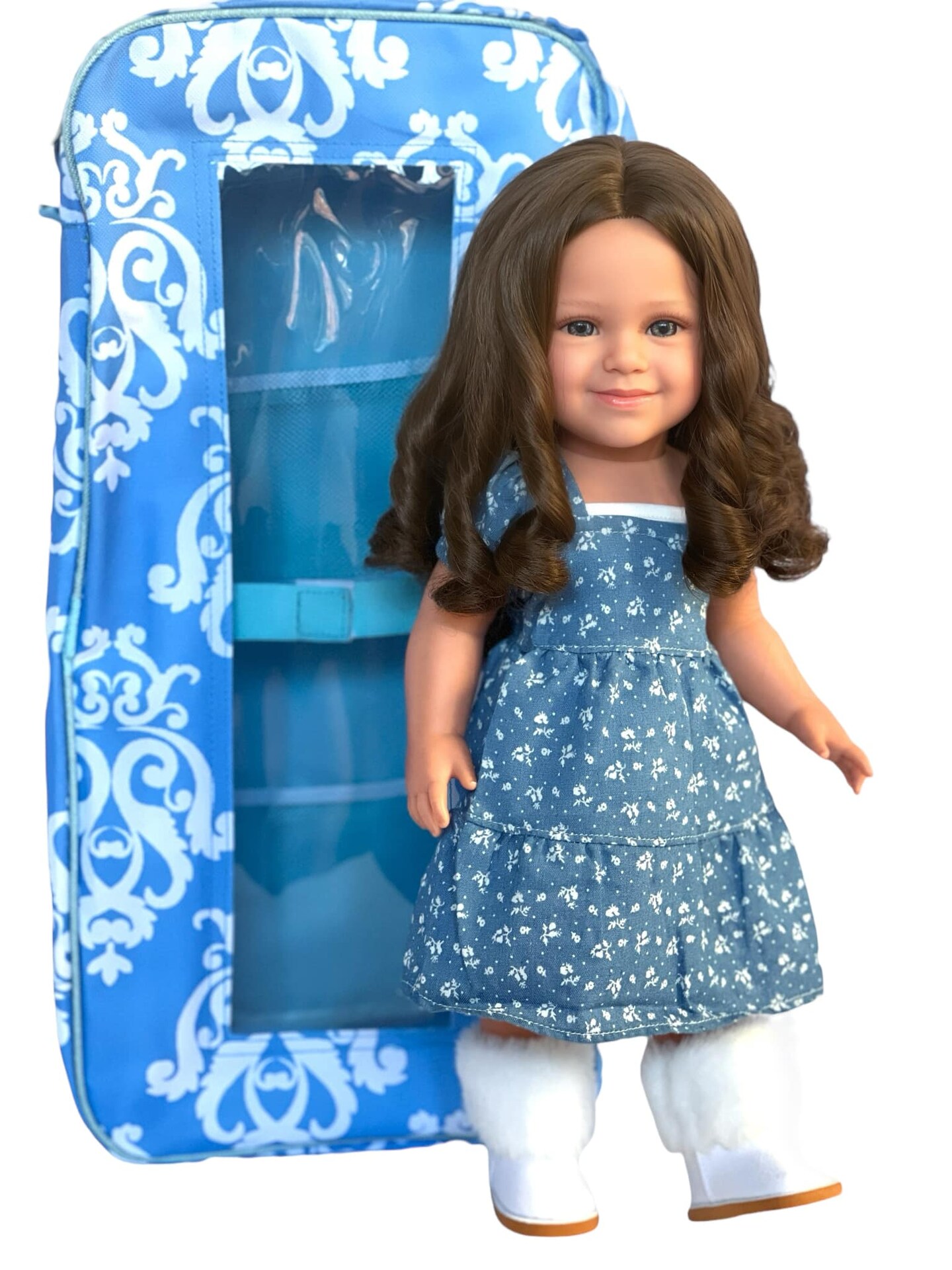 Shelby&#x27;s Sweet Charm: 18-Inch Doll with Brown Curly Hair and Blue Eyes