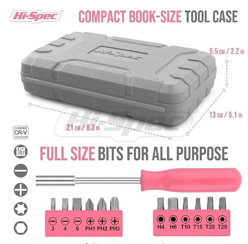 Pink Household DIY Tool Kit for Women (25 Pieces). Small Mini Tool Box Set of Basic Ladies Tools for the Home and Office