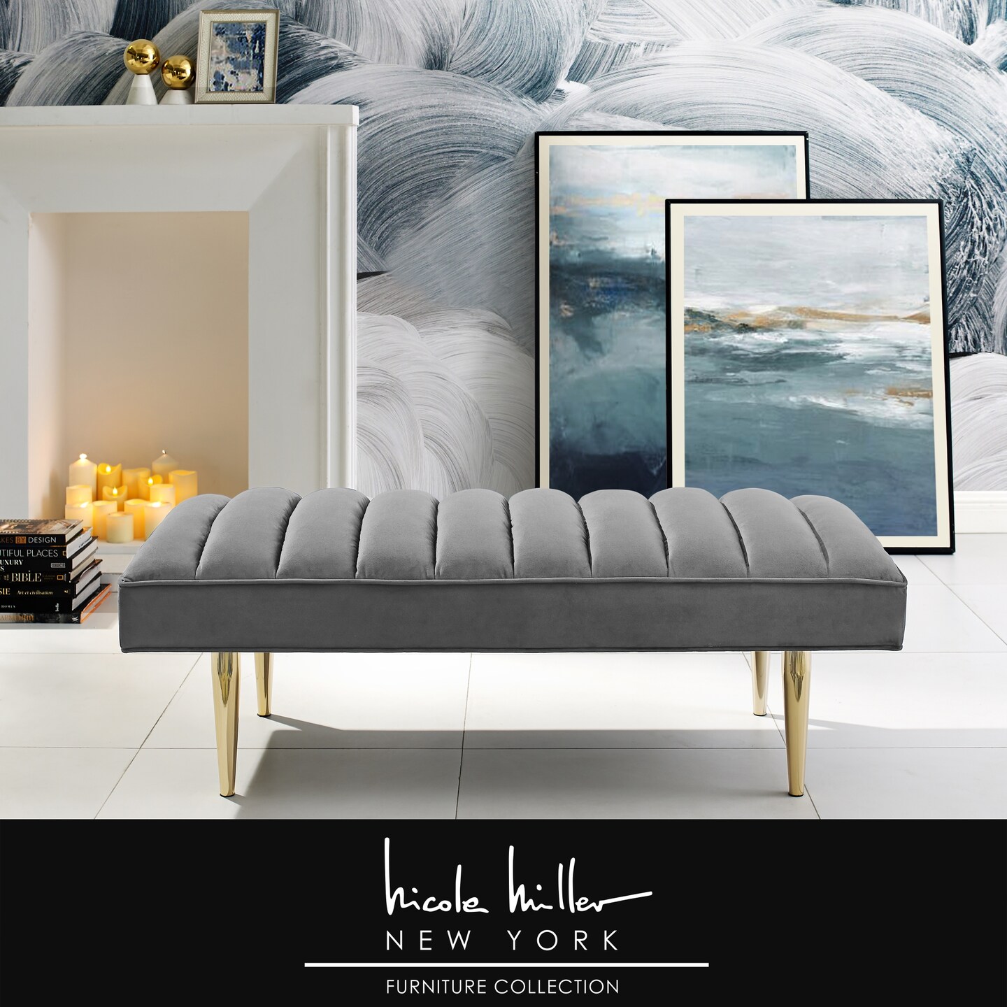 Denver Velvet Channel Tufted Bench with Mirrorred Lacquer Finish With Gold/Chrome Legs