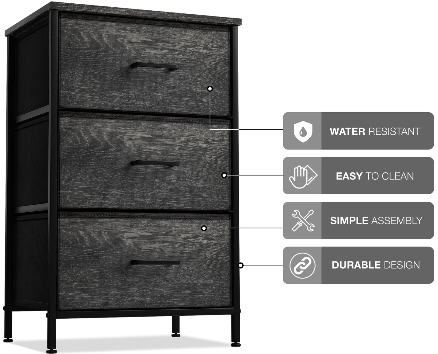 Sorbus Dresser with 3 Drawers - Bedside Furniture & Accent End Table Chest for Home, Bedroom Accessories, Office, College Dorm, Steel Frame, Wood Top, Fabric Drawers