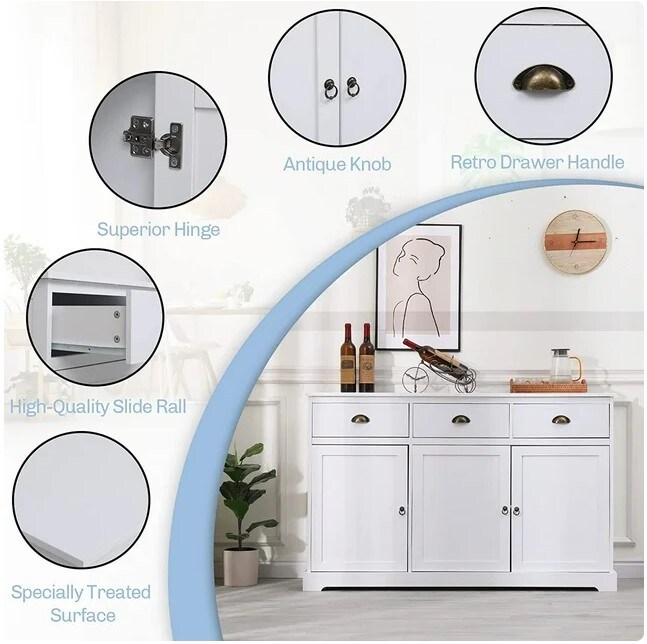 Buffet Cabinet with 3 Drawers and 3 Cabinets for Kitchen, Dining Room, and Living Room, White