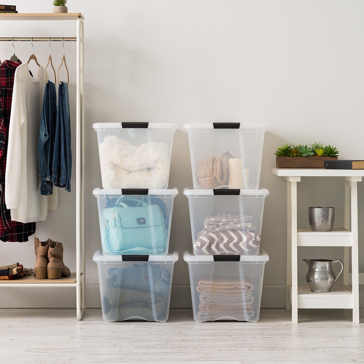 IRIS USA 53 Quart Stackable Plastic Storage Bins with Lids and Latching Buckles, 6 Pack - Clear, Containers with Lids and Latches, Durable Nestable Closet and Garage Totes, Organizing Tub Boxes