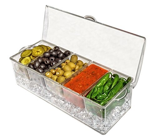 5 Compartment Condiment Server Caddy - Serving Tray Container with 5 Removable Dishes with Over 2 Cup Capacity Each and Hinged Lid | 3 Serving Spoons + 3 Tongs Included