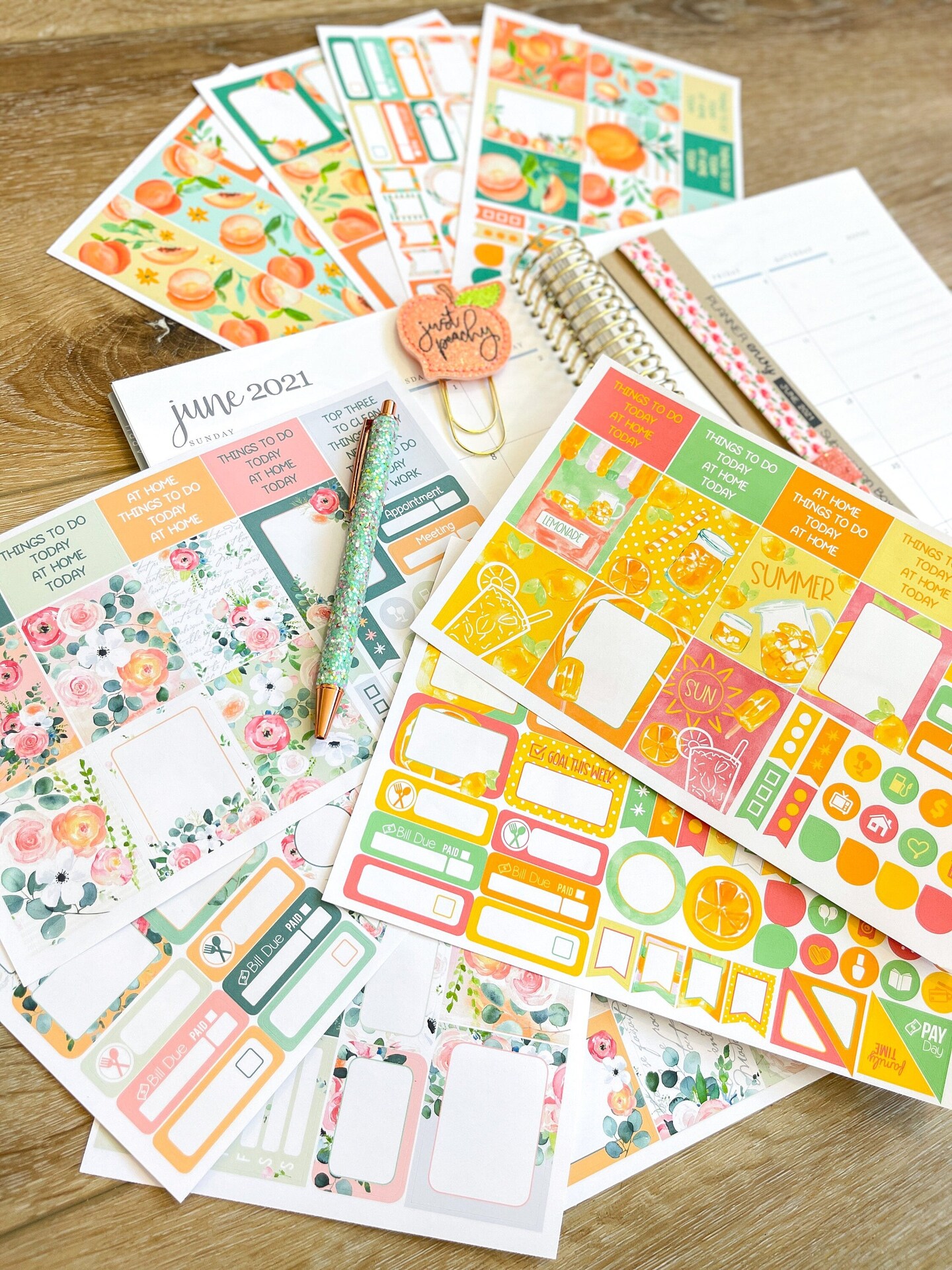 Peaches, Lemonade &#x26; Neutral Spring Floral Themed Box of Planner Stickers &#x26; Accessories (#SUB2021006)