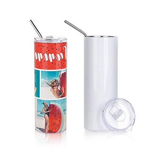  PYD Life 2 PCS Sublimation Blanks Skinny Tumbler White 20 OZ  Straight Double Wall Stainless Steel Tumbler with Metal Straw Tumbler Cups  for Tumbler Heat Press Machine Heat Transfer : Arts