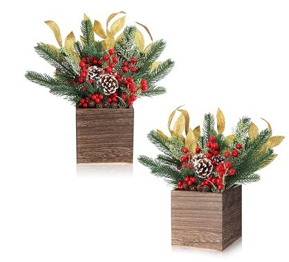 2 Packs Christmas Floral Arrangement Centrepieces Table Assorted Flower Arrangements with Pinecones Red Berries for Farmhouse Rustic Christmas Table Mantel Decoration