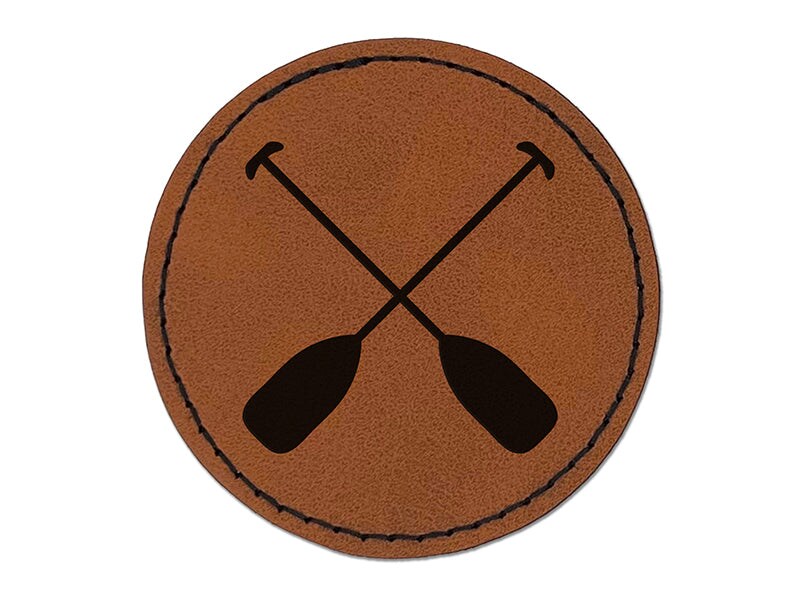 Paddles Oar Canoes Kayaks Rafting Round Iron-On Engraved Faux Leather Patch Applique - 2.5&#x22;