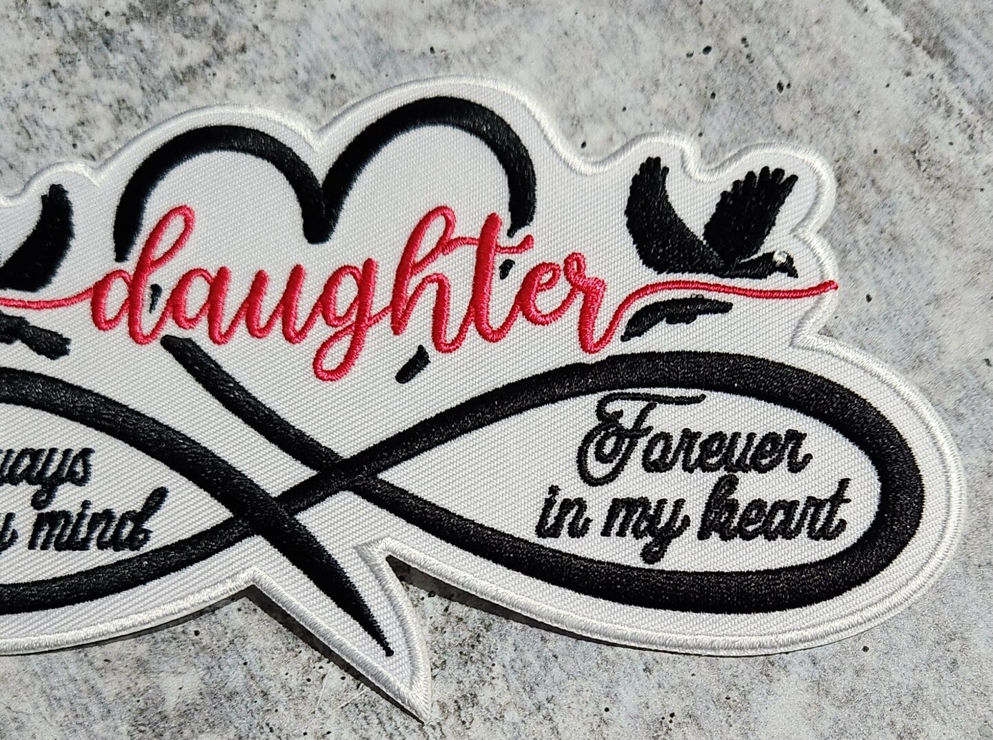 Memorial Infinity Collection: Patch Party Club, "DAUGHTER" Eternal Remembrance 1-pc, Iron-On Embroidered Patch, Sz 6", Tribute Honor
