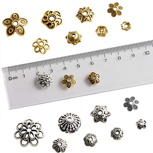 FEBSNOW febsnow about 160pcs spacer beads caps, bali style mixed tibetan  silver and antique gold flower bead caps for bracelet neckla