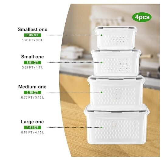 4 PCS Fridge Fruit Storage Containers with Removable Colander, Airtight Food Storage Container, Dishwasher Safe Produce Saver Container for Refrigerator, Keep Berry Fruit Vegetable Fresher Longer