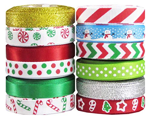 Q-YO Holiday Christmas Grosgrain Ribbon Set for Gift Package Wrapping, Hair Bow Clip Accessory Making, Crafting, Wedding Decor. (60yd(12x5yd) 3/8&#x22; Grosgrain Ribbon-Xmas)