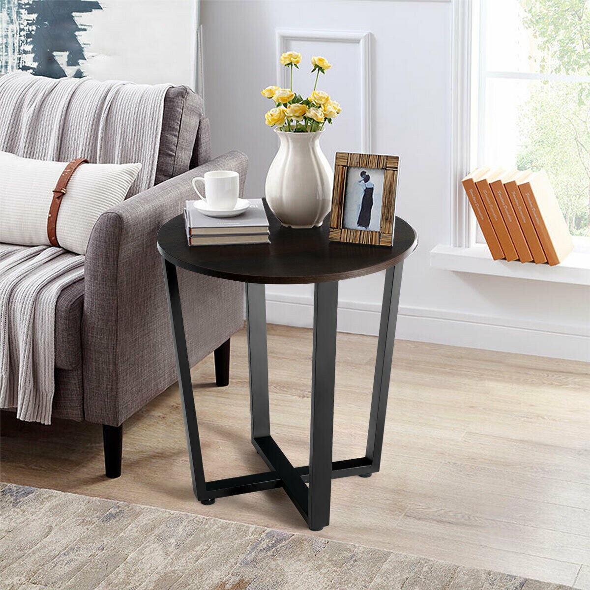 2-tier Round End Table with Storage Shelf &#x26; Metal Frame